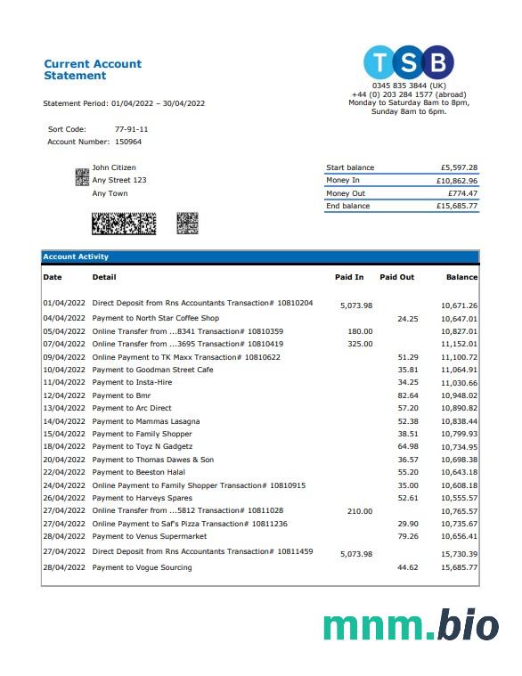 United Kingdom TBS wyciąg bankowy Excel and PDF template, 4 stronas 1